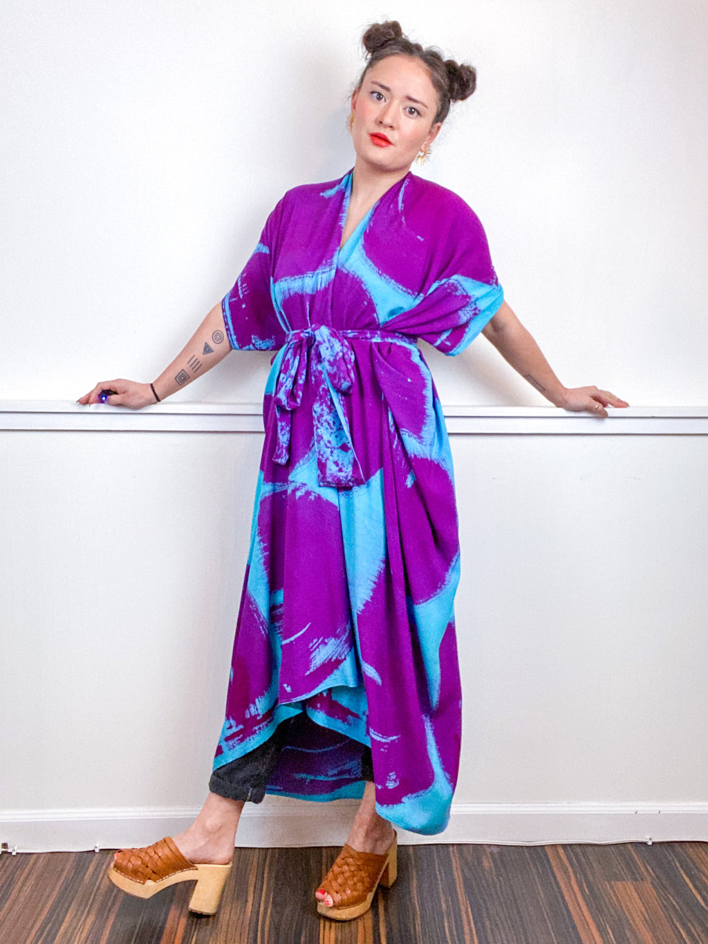 Hand-Dyed High Low Kimono Aqua Fuchsia Brushstroke