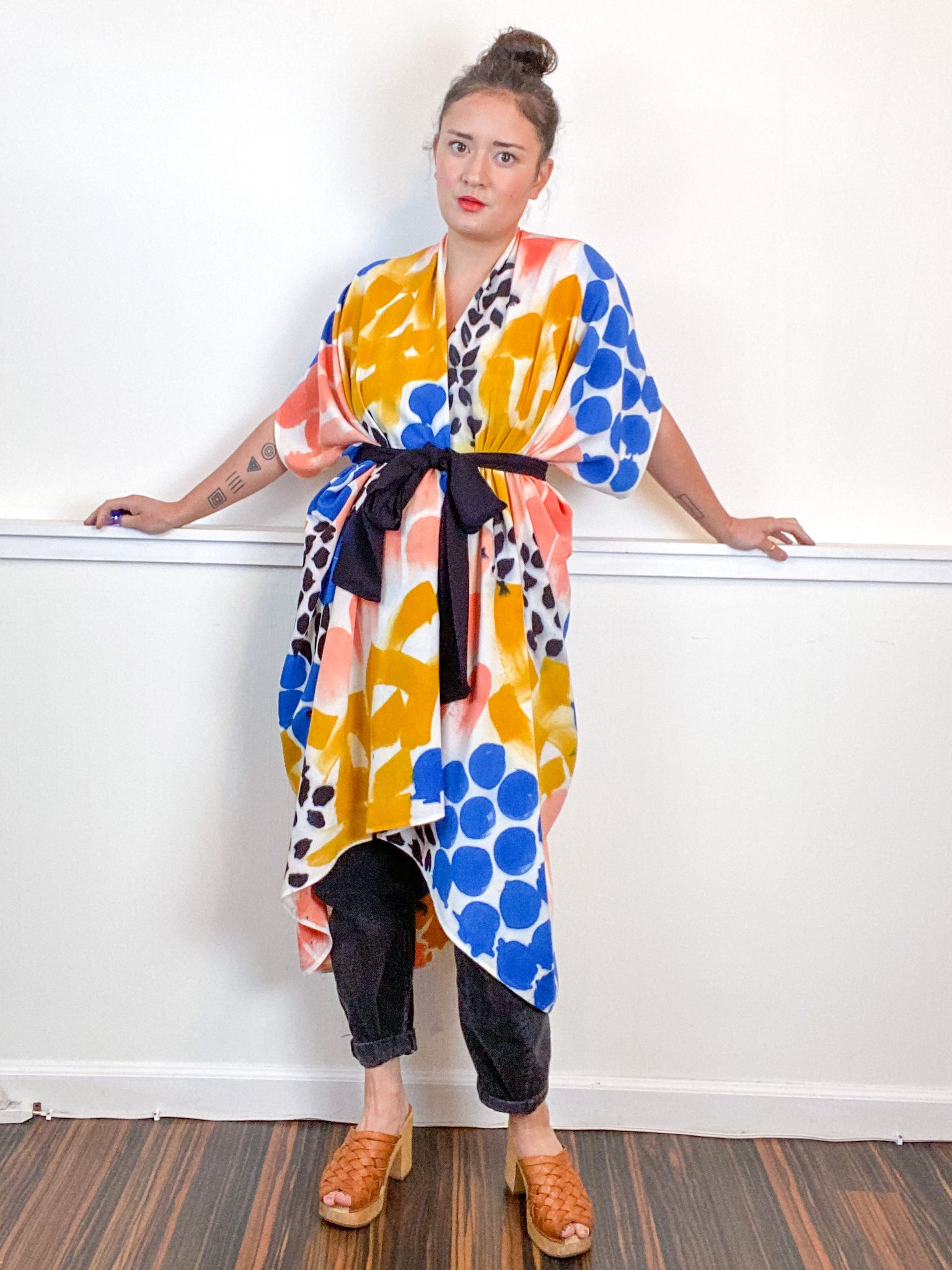 OOAK Hand-Dyed High Low Kimono Coral Raven Marigold Sky
