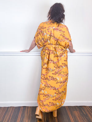 Print High Low Kimono Marigold Floral Satin Crepe