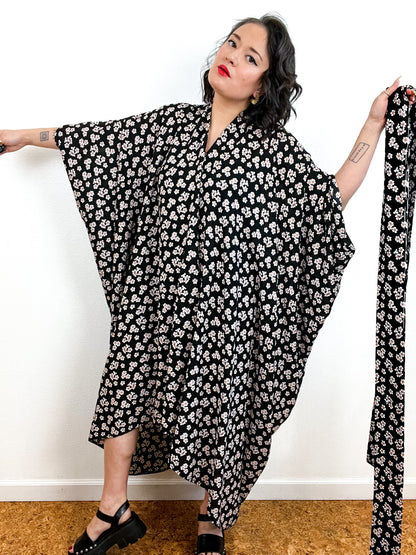 Print High Low Kimono Black Cherry Blossom Crinkle Challis