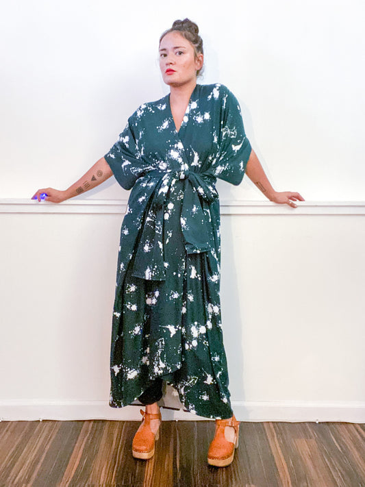 Print High Low Kimono Hunter Green Drops Knit