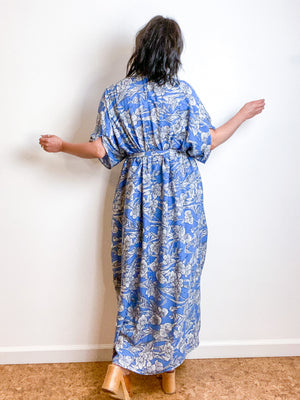 Print High Low Kimono Blue Floral Challis