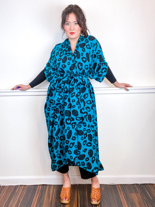 Print High Low Kimono Teal Black Leopard Rayon Challis