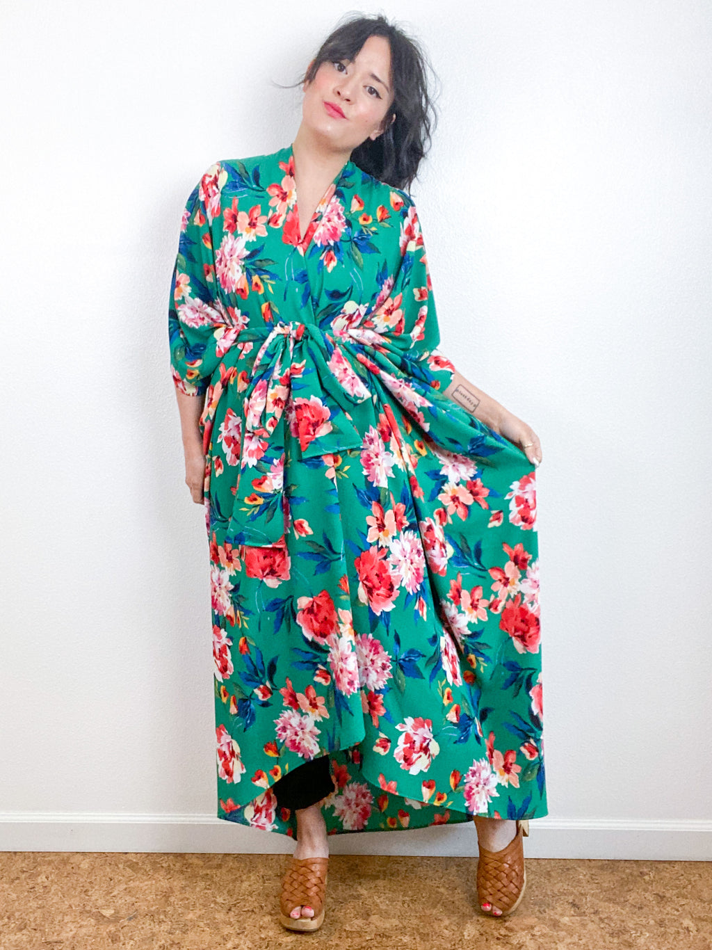 Print High Low Kimono Green Floral Bubble Crepe