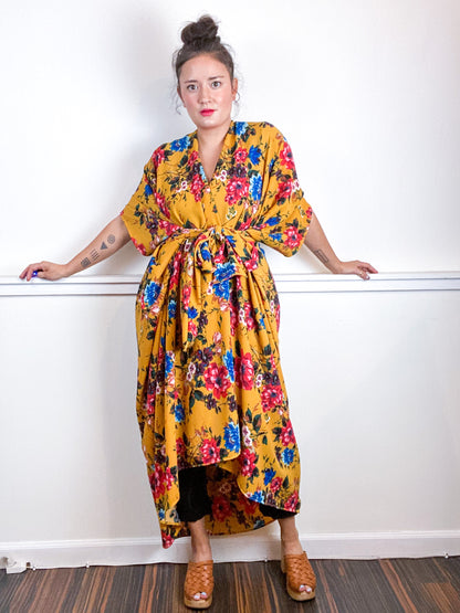 Print High Low Kimono Marigold Floral Bubble Crepe