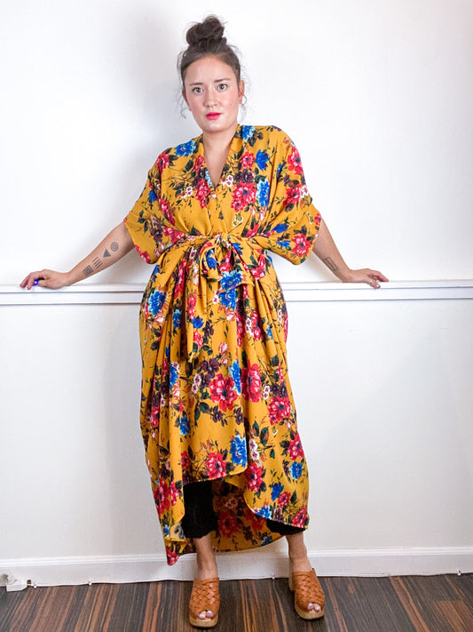 Print High Low Kimono Marigold Floral Bubble Crepe