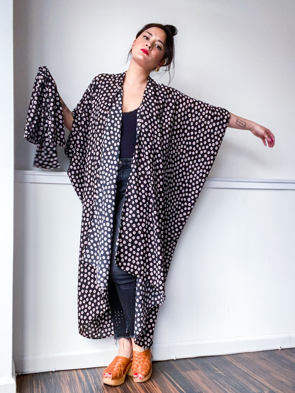 Print High Low Kimono Black Pink Dots