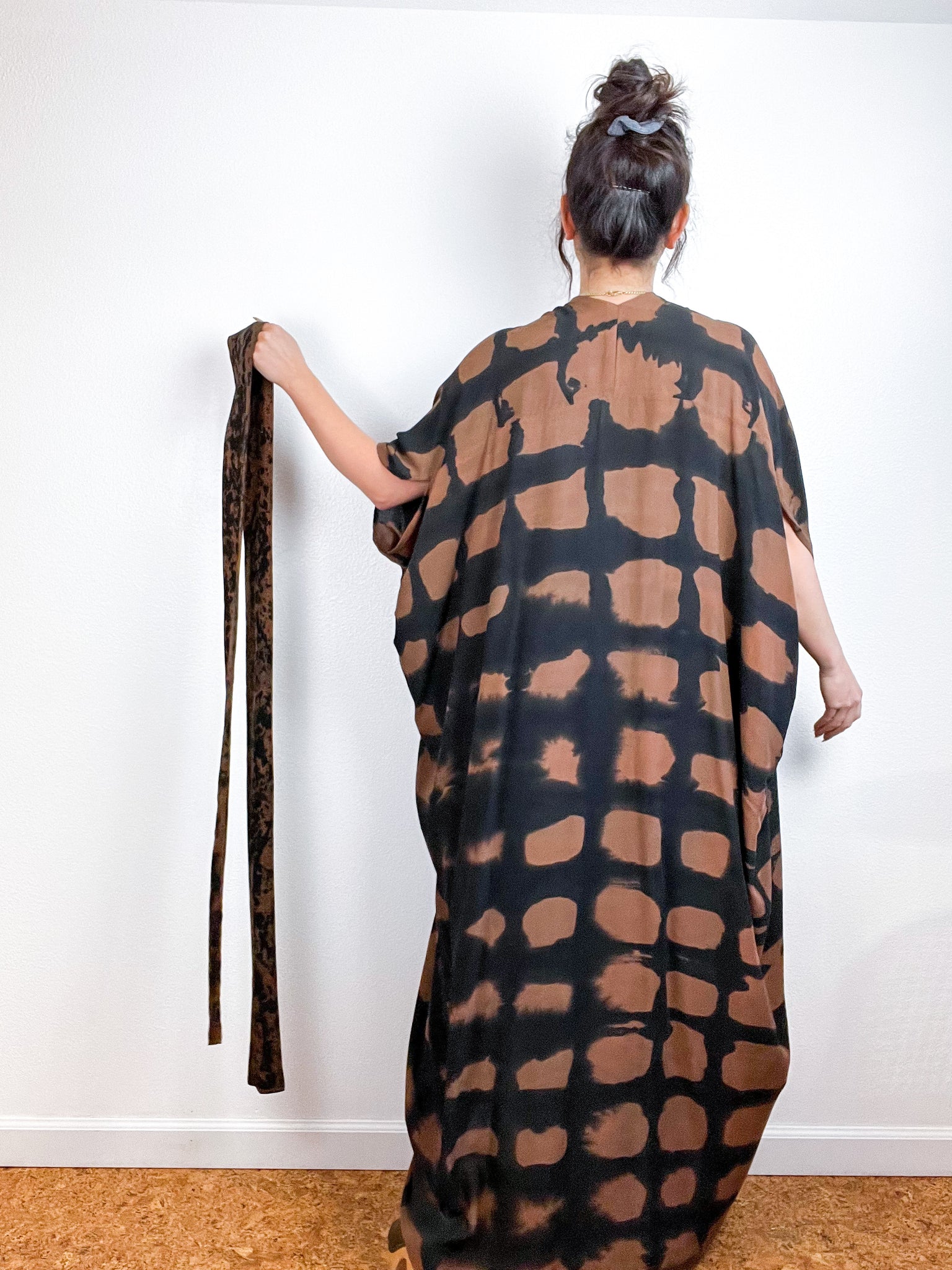 Hand-Dyed High Low Kimono Brown Black Windowpane