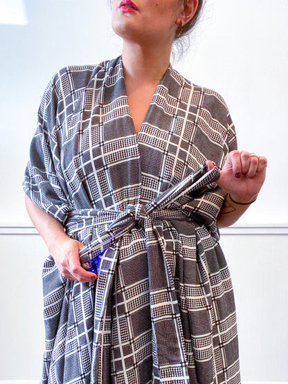 Print High Low Kimono Houndstooth Plaid Rayon