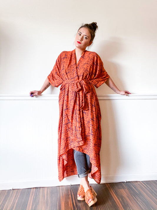 Print High Low Kimono Rust Indigo Graphic
