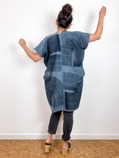 Hand-Dyed Flannel Smock Dress Blue Herringbone Brushstrokes