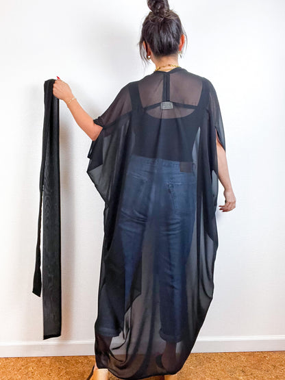 Solid High Low Kimono Black Chiffon