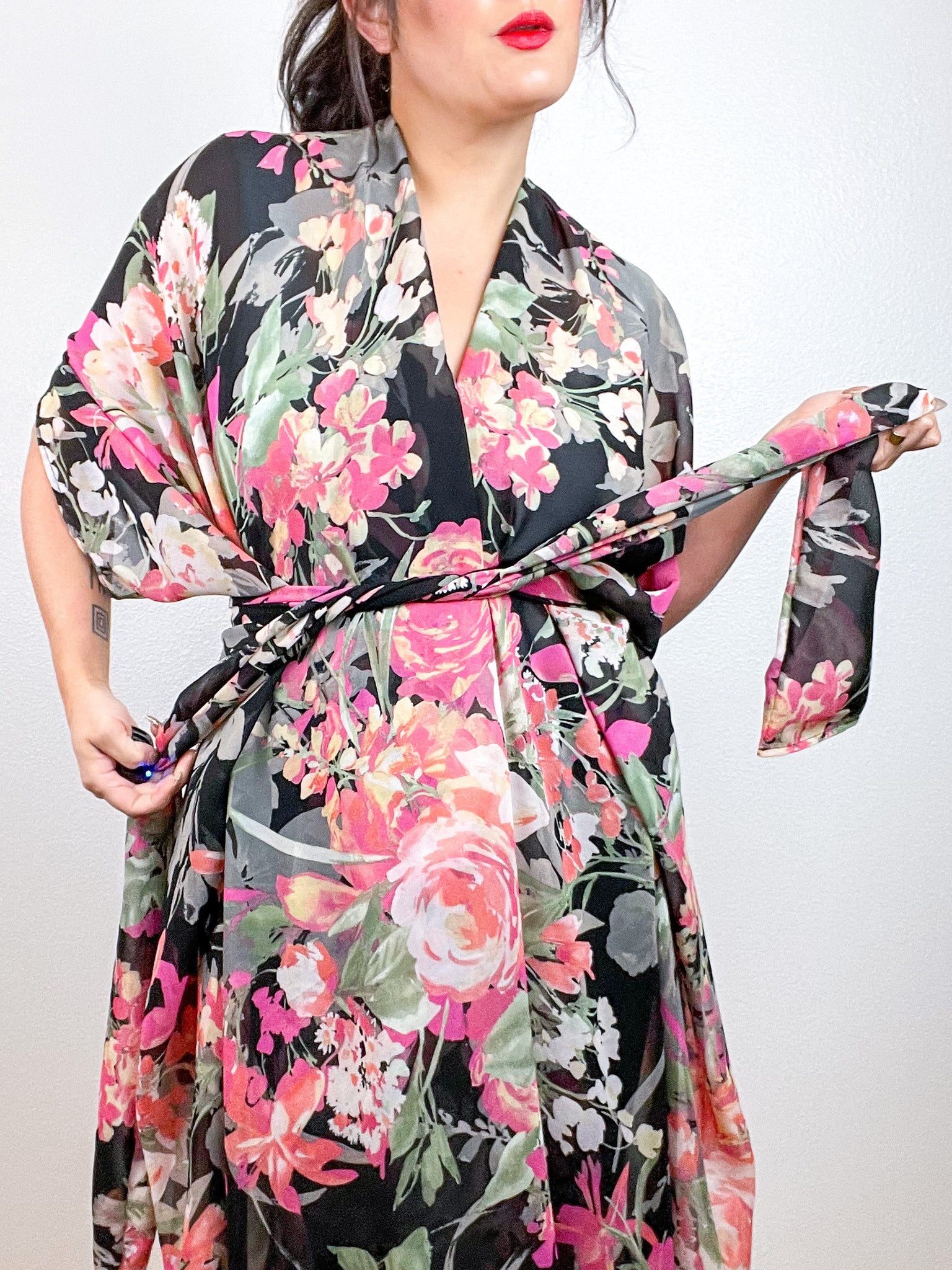 Print High Low Kimono Black Peach Floral Chiffon