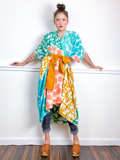 OOAK Hand-Dyed High Low Kimono Marigold Coral Emerald Parakeet Multi Mark