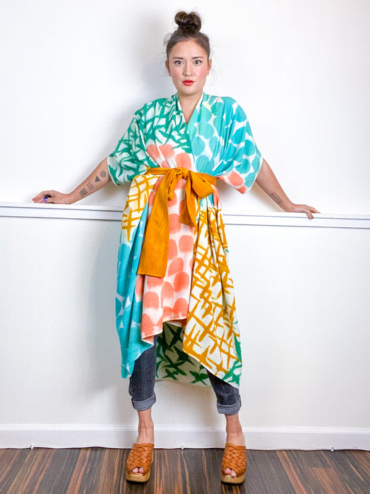OOAK Hand-Dyed High Low Kimono Marigold Coral Emerald Parakeet Multi Mark