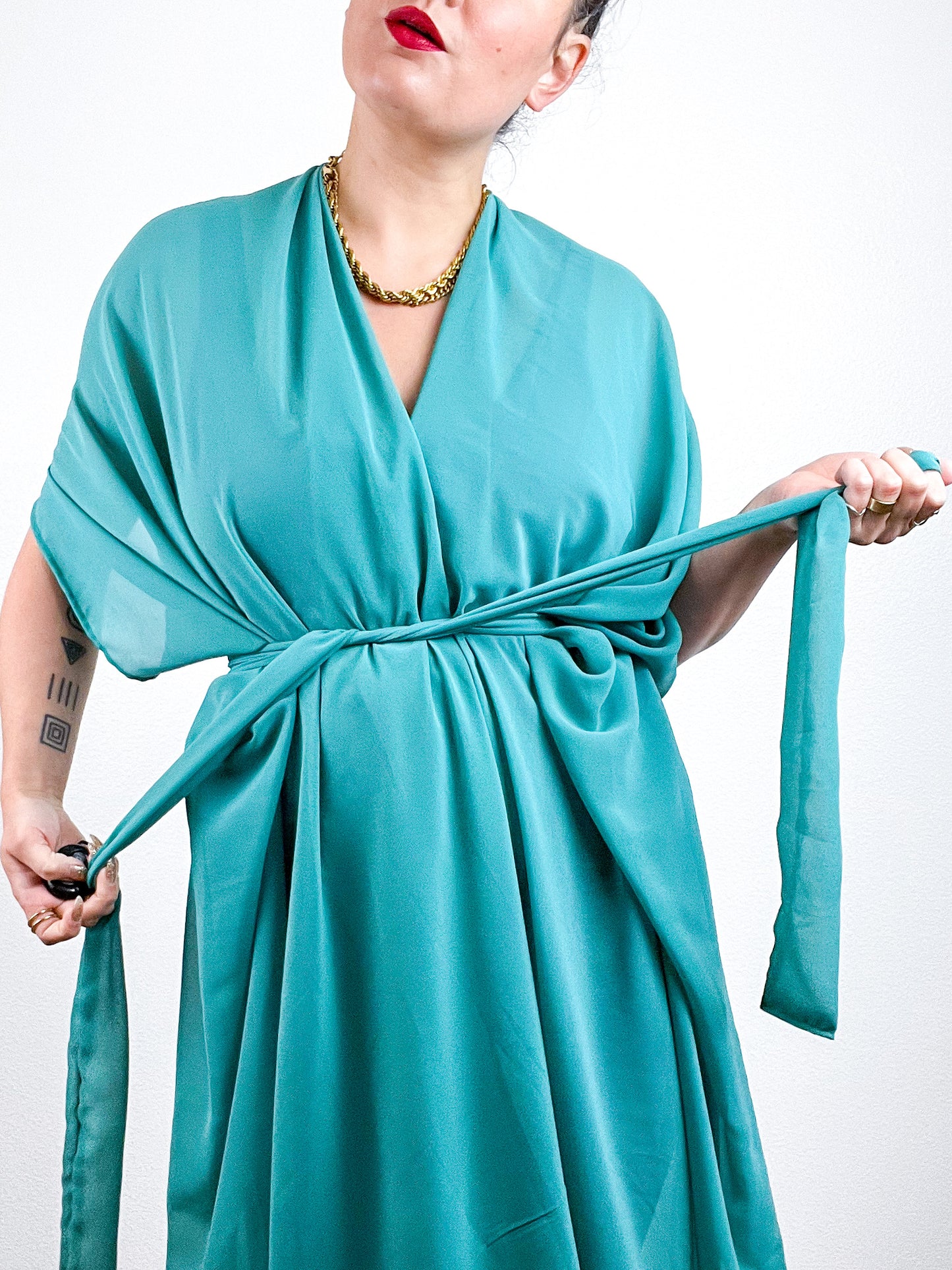 Solid High Low Kimono Jade Green Chiffon