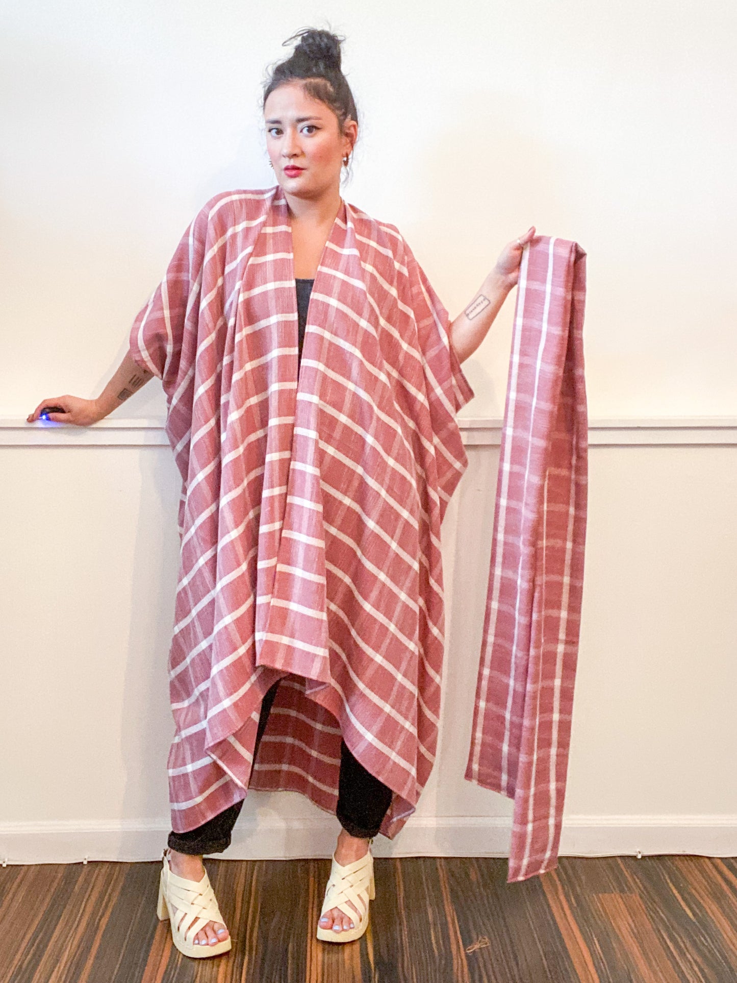 Print High Low Kimono Clay Plaid Rayon Woven