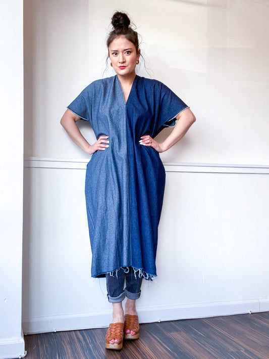 Denim Midi Smock Dress Dark Two Tone Size Medium