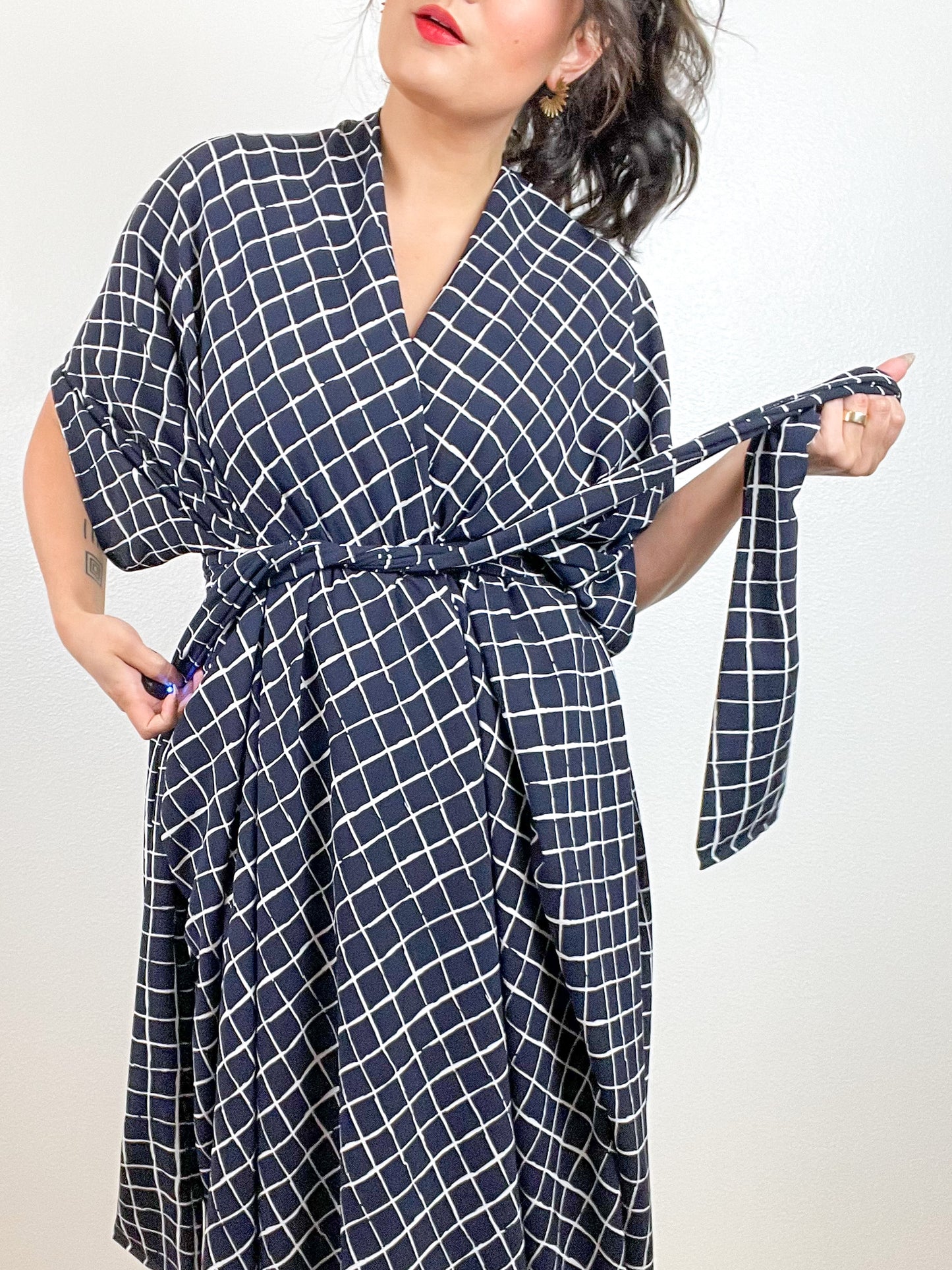 Print High Low Kimono Navy Windowpane Bubble Crepe