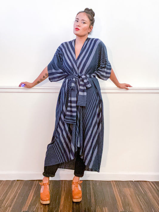 Print High Low Kimono Navy Stripes Knit
