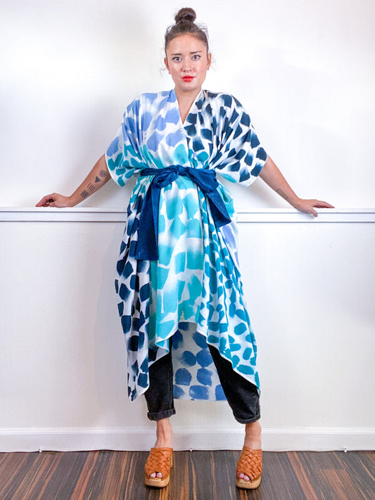 OOAK Hand-Dyed High Low Kimono Teal Parakeet Baby Blue Aqua Dots