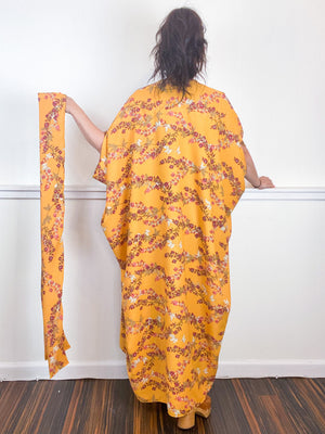 Print High Low Kimono Marigold Floral Satin Crepe