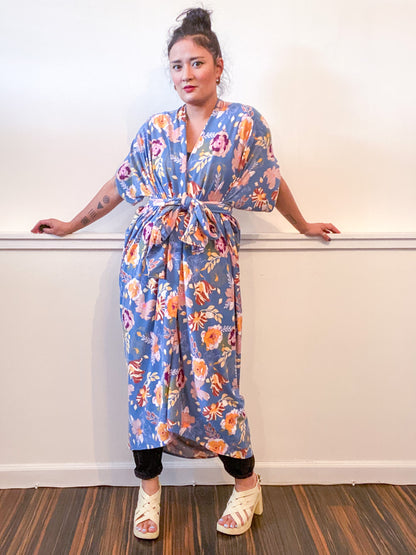 Print High Low Kimono Blue Multi Floral Knit