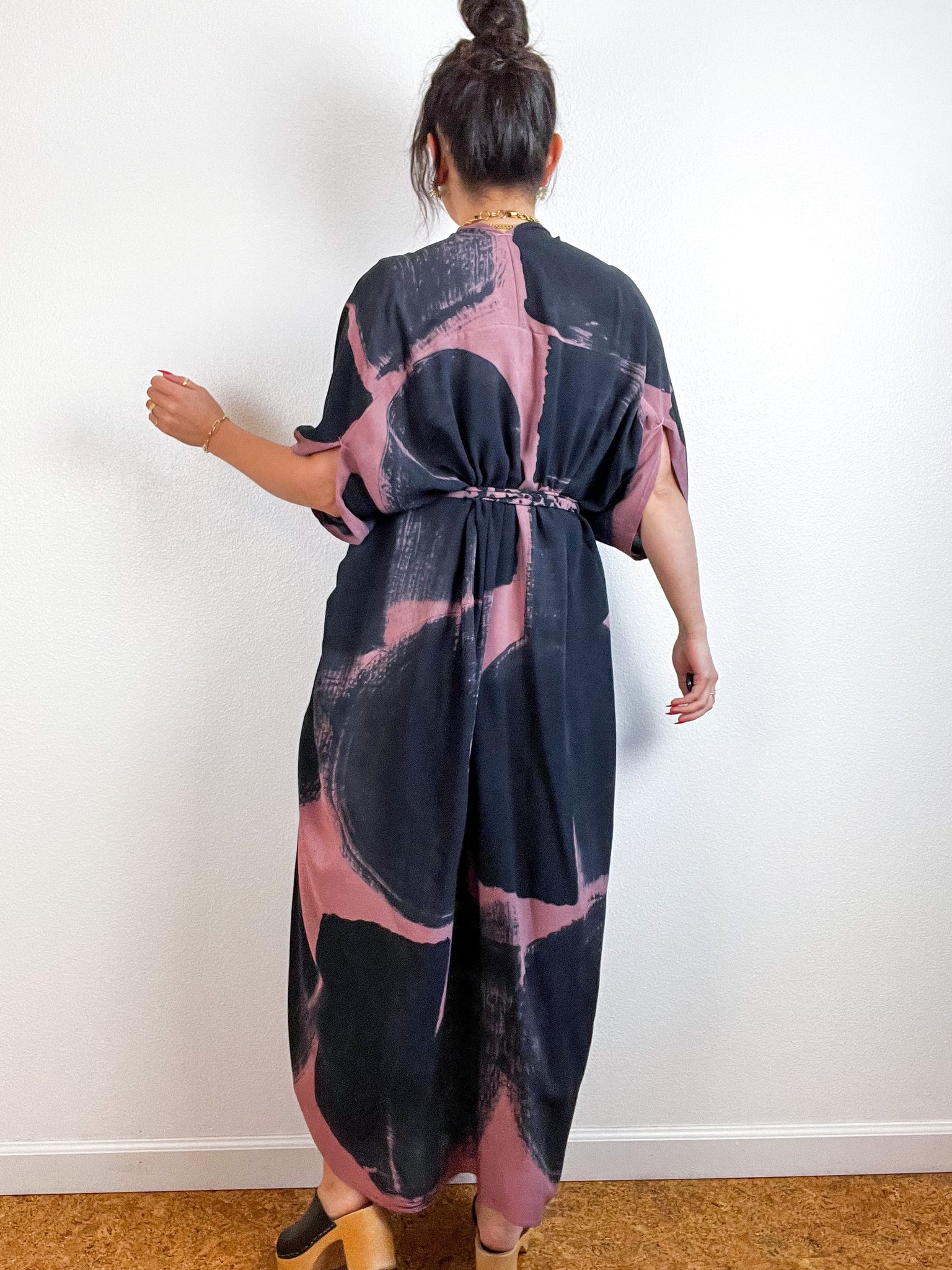 Hand-Dyed High Low Kimono Dusty Rose Black Brushstroke