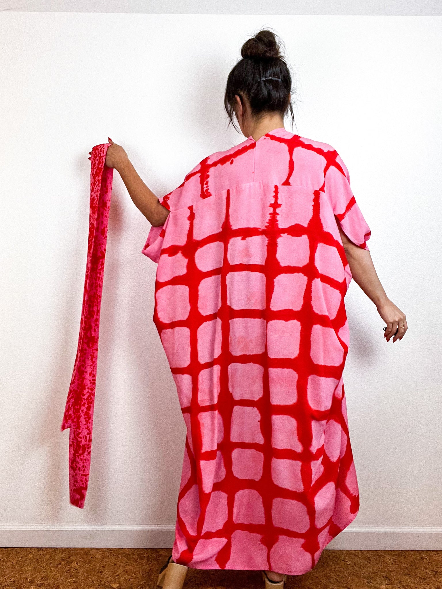 Hand-Dyed High Low Kimono Pink Scarlet Windowpane