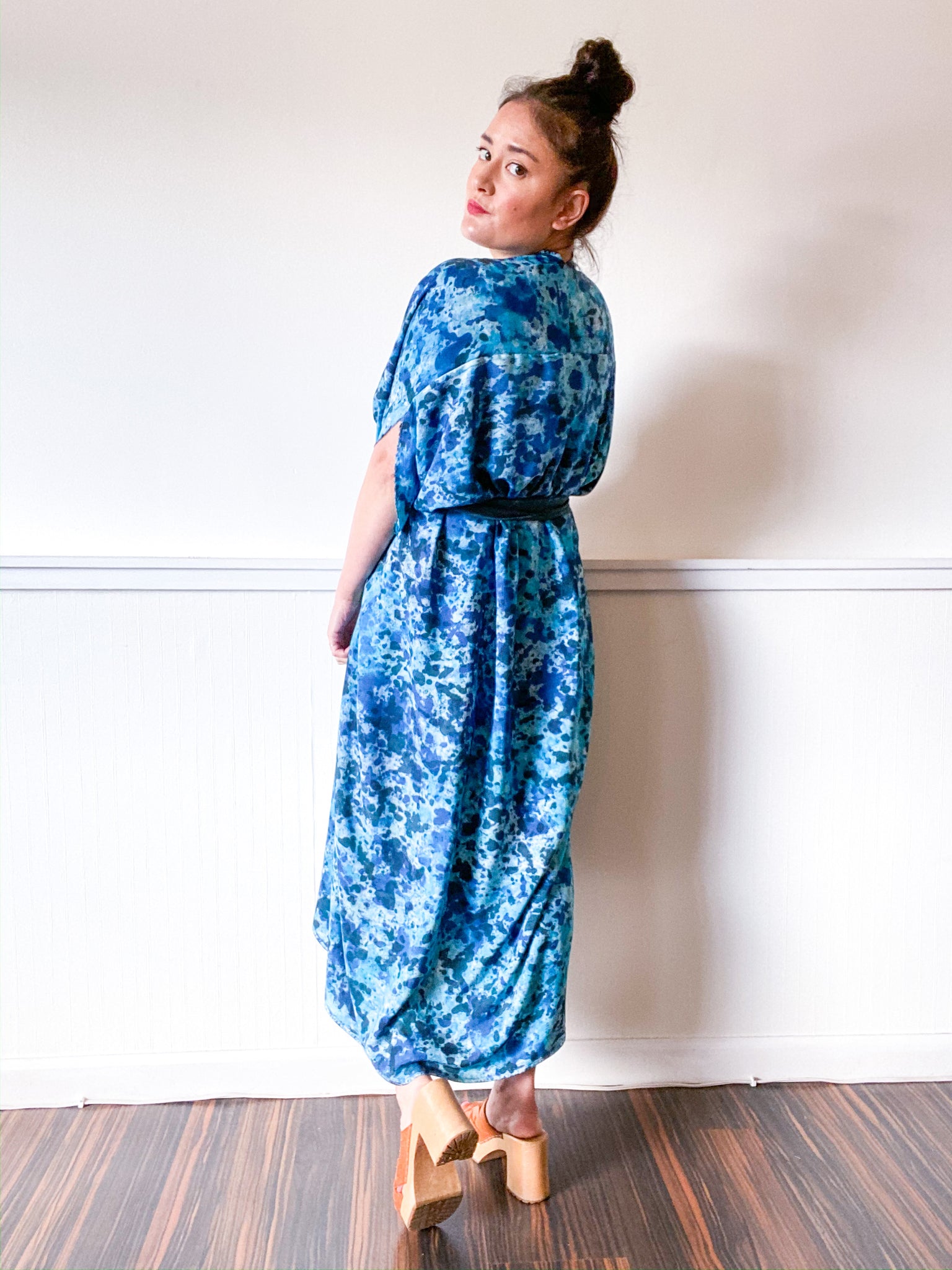 Hand-Dyed High Low Kimono Speckle Bright Blues