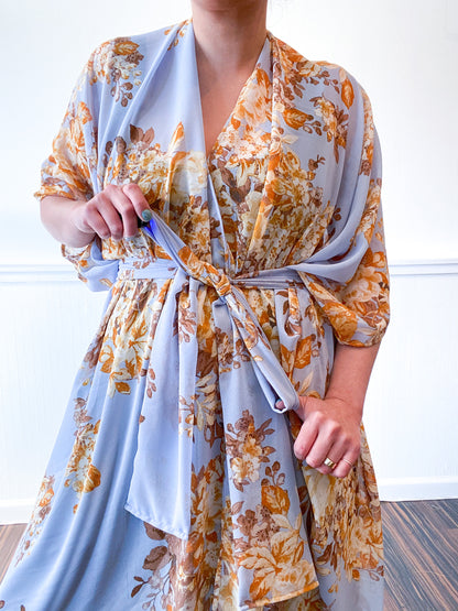 Print High Low Kimono Powder Blue and Amber Floral Chiffon