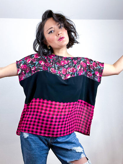 Scrappy Censor Crop Magenta Black Floral Checker