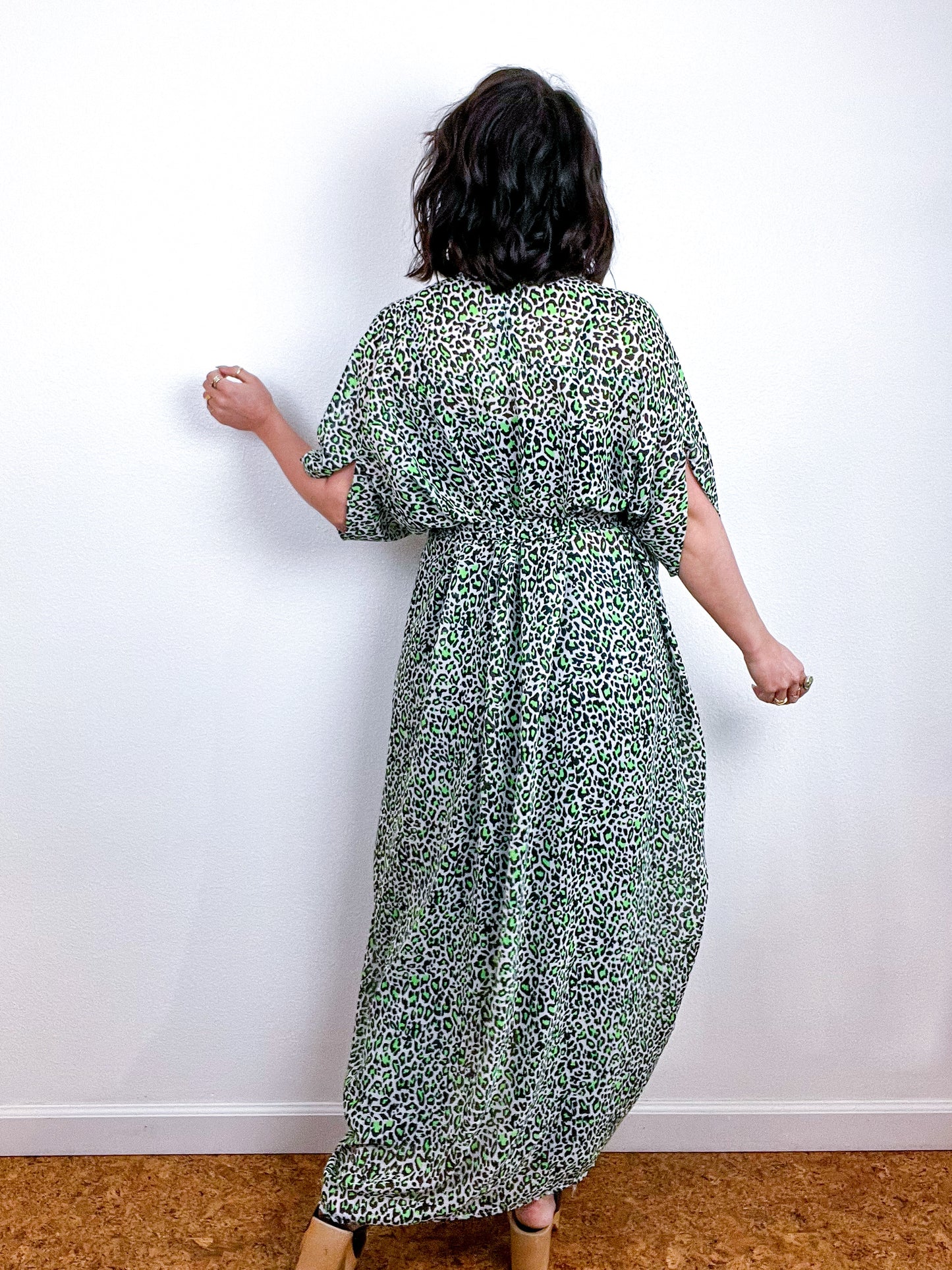 Print High Low Kimono Neon Green Mini Leopard Chiffon