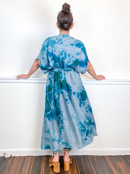 Hand-Dyed High Low Kimono Bamboo Kingfisher
