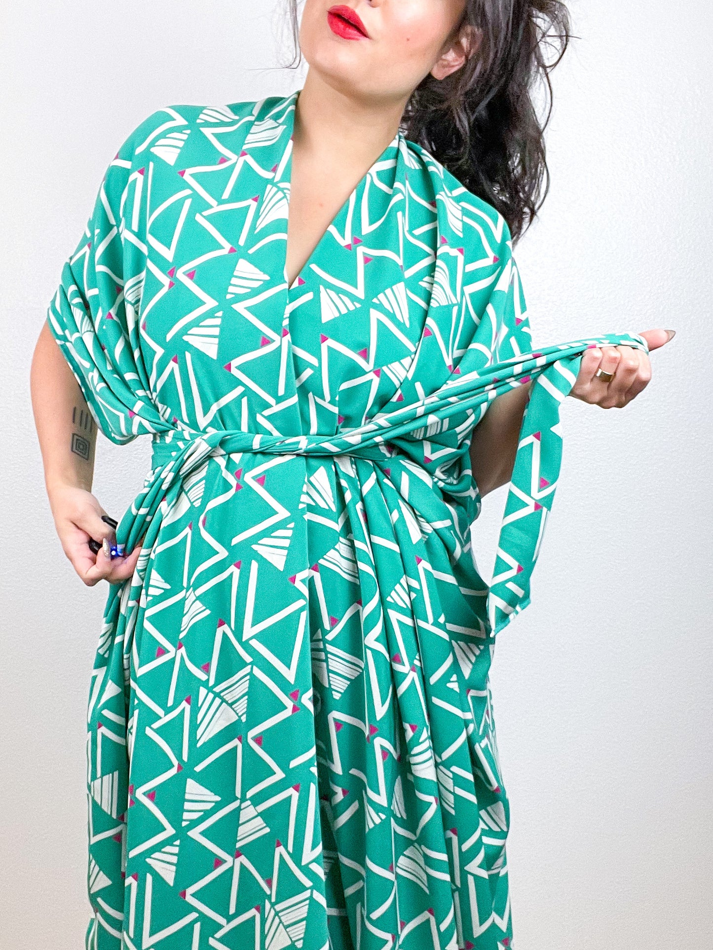 Print High Low Kimono Turquoise Triangles Slinky Crepe