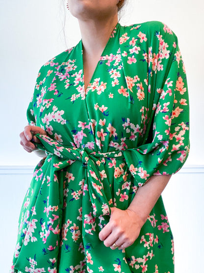 Print High Low Kimono Green Floral Crepe de Chine