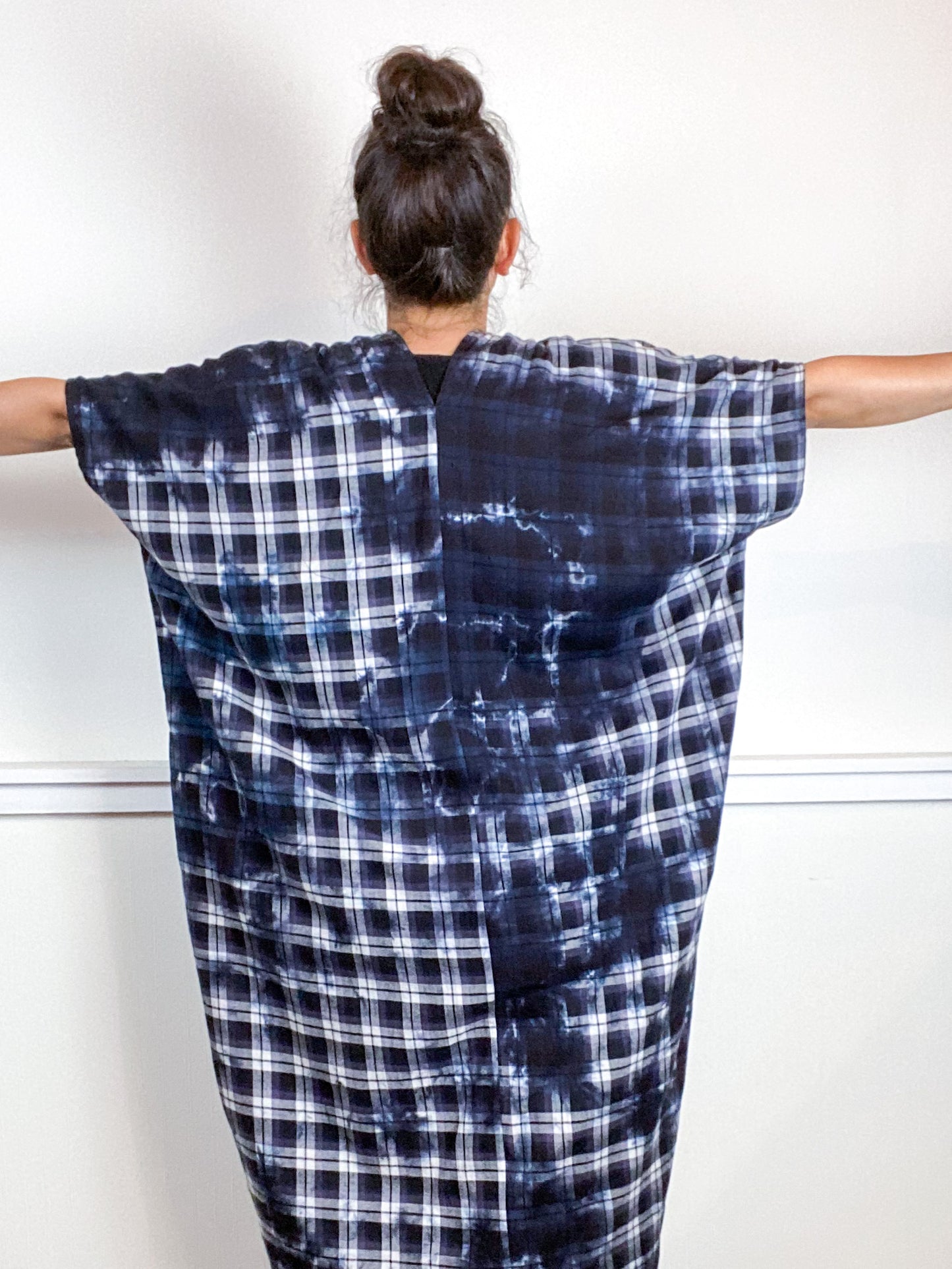 Over-Dye Plaid Smock Dress Black White Lavender