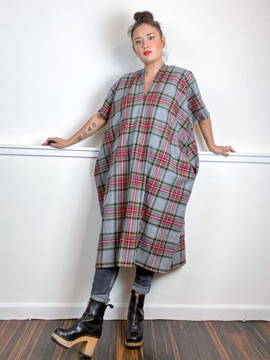 Plaid Smock Dress Grey Red Midi