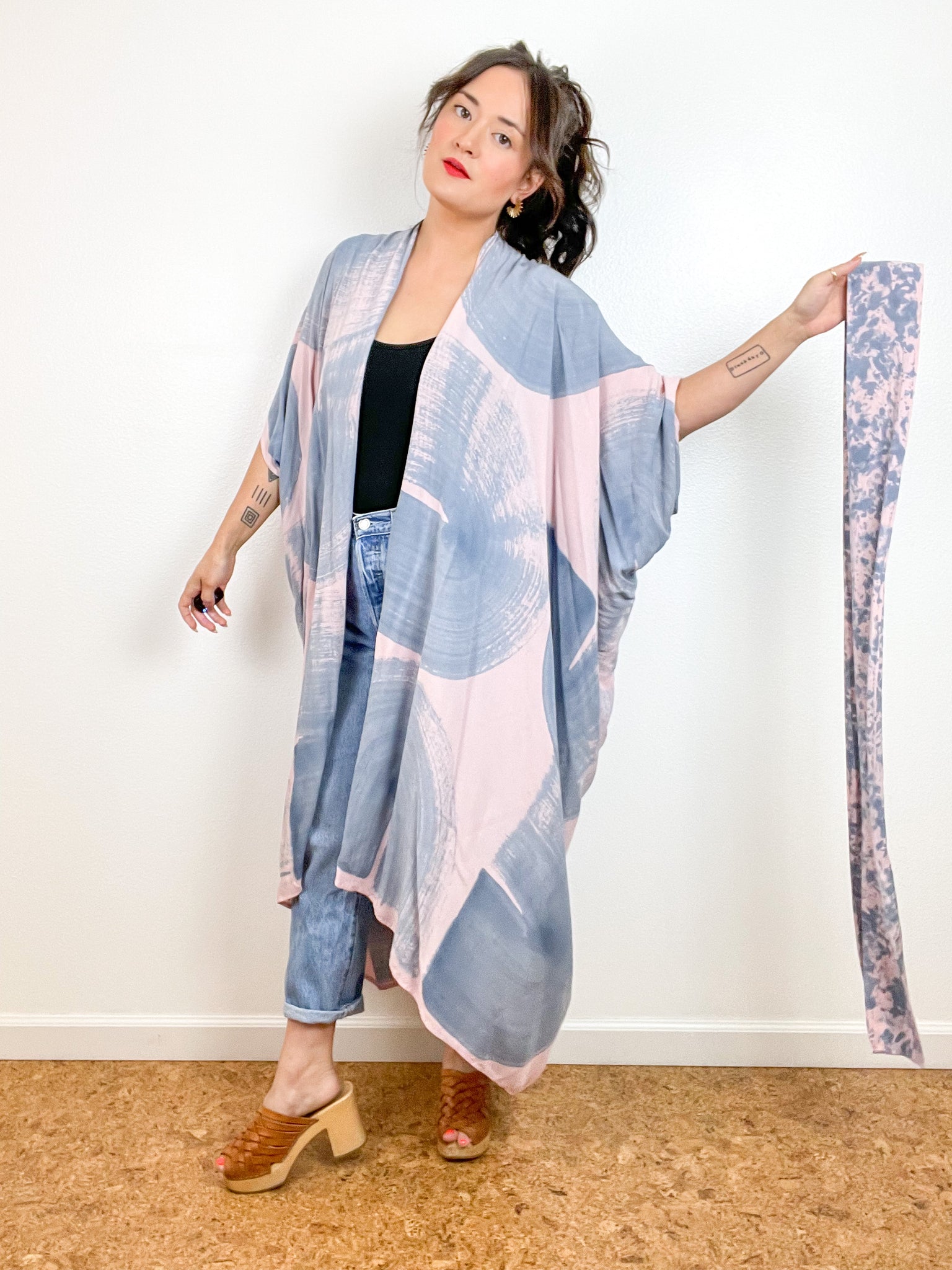 Hand-Dyed High Low Kimono Blush Blue Brushstroke
