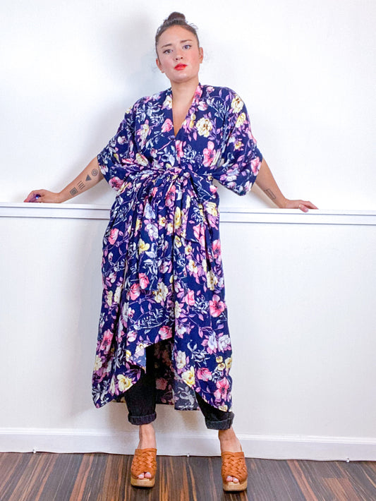 Print High Low Kimono Navy Pink Floral Rayon Challis