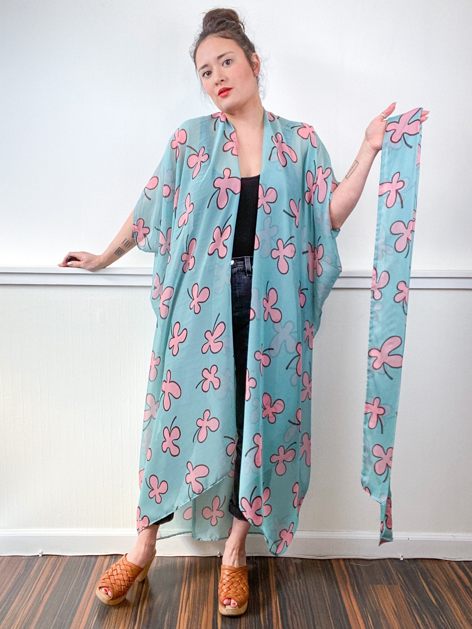 Print High Low Kimono Aqua Pink Clover Chiffon