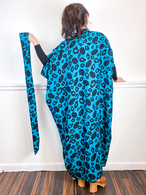 Print High Low Kimono Teal Black Leopard Rayon Challis