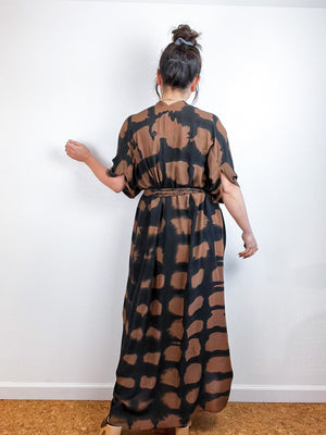 Hand-Dyed High Low Kimono Brown Black Windowpane