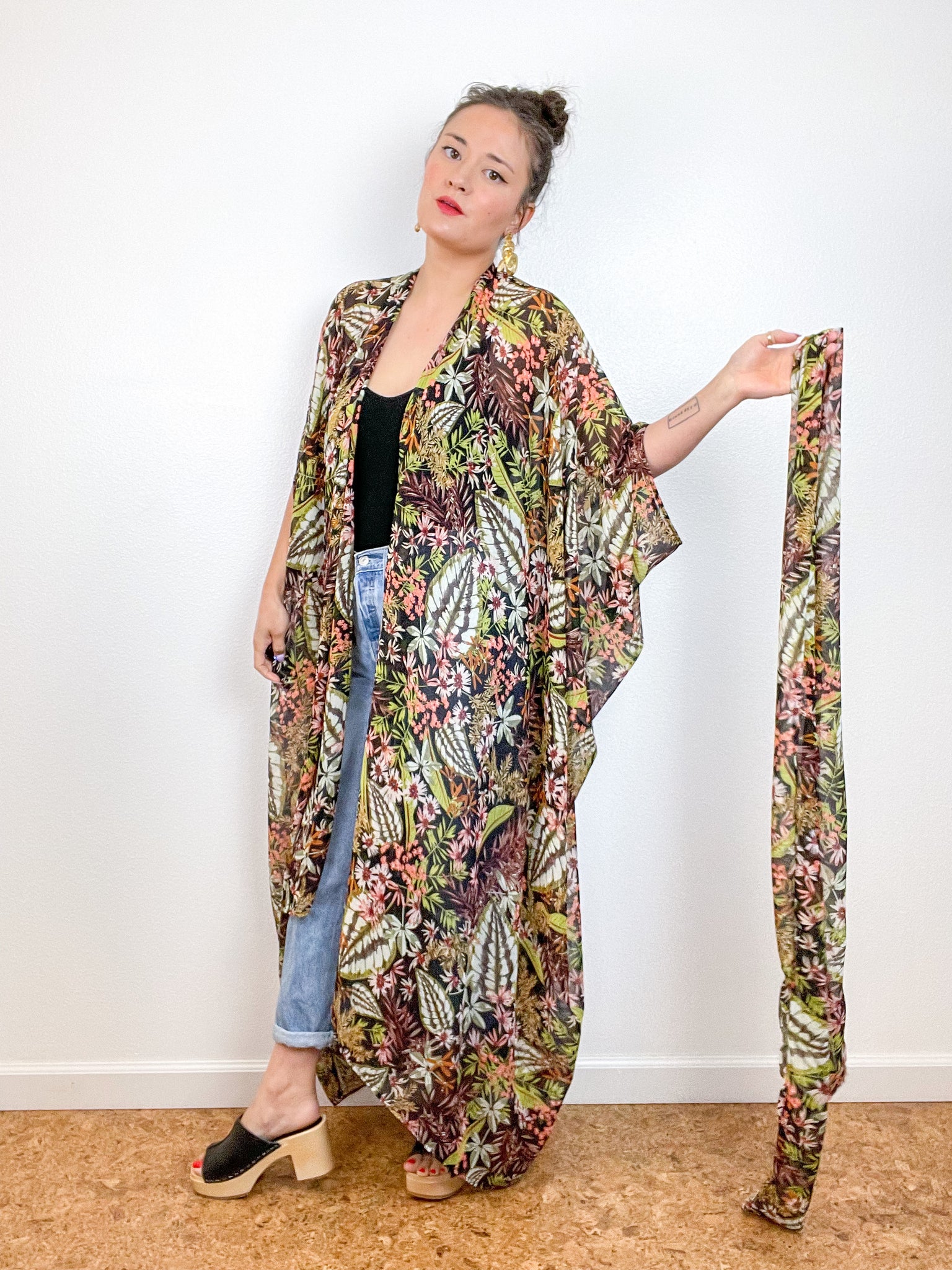 Print High Low Kimono Black Green Tropical Chiffon
