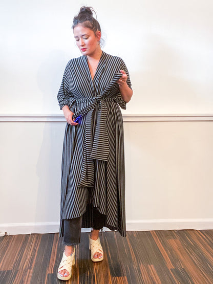 Print High Low Kimono Black Grey Pinstripe Knit