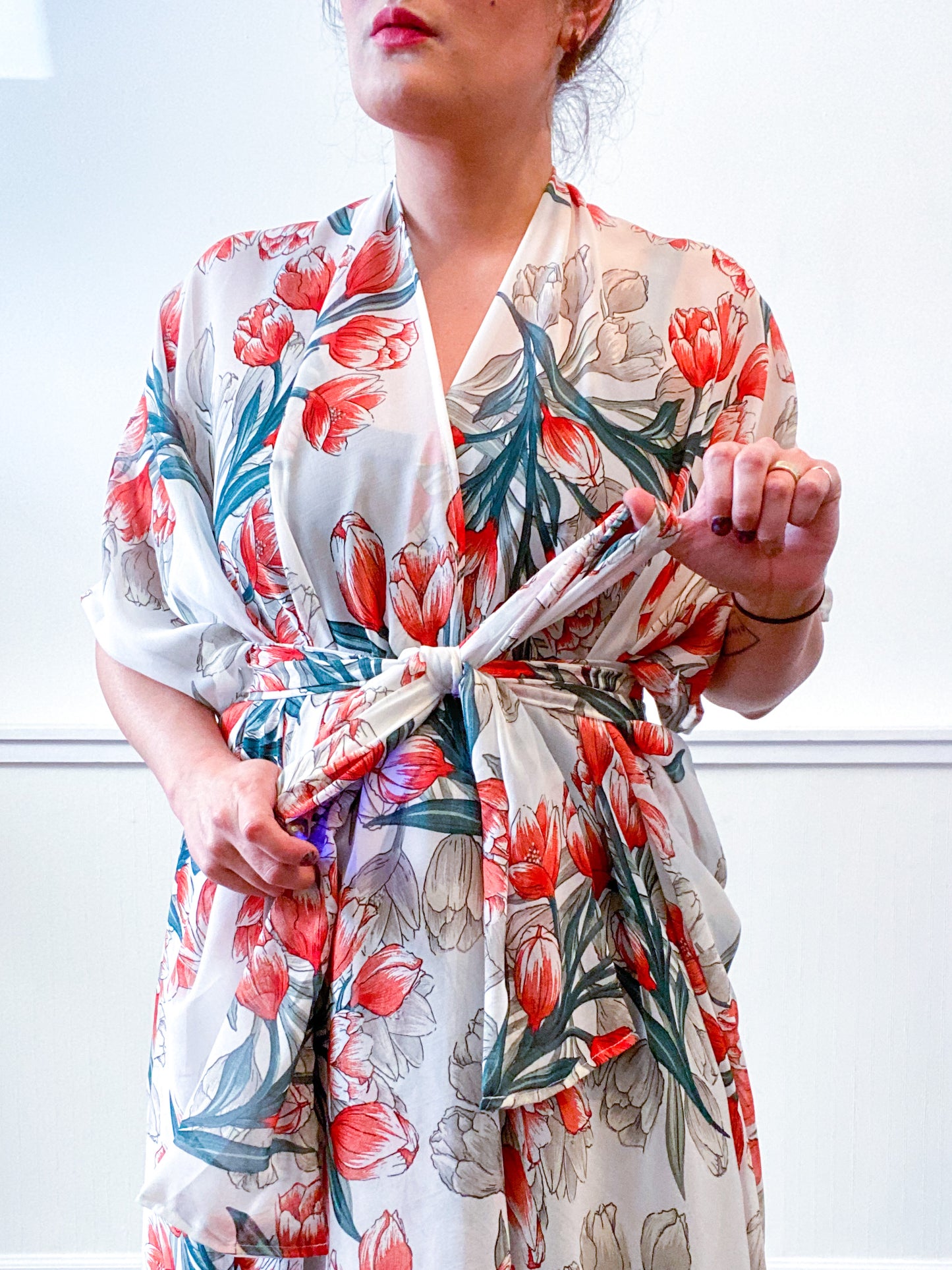 Print High Low Kimono Ivory Red Tulips Chiffon