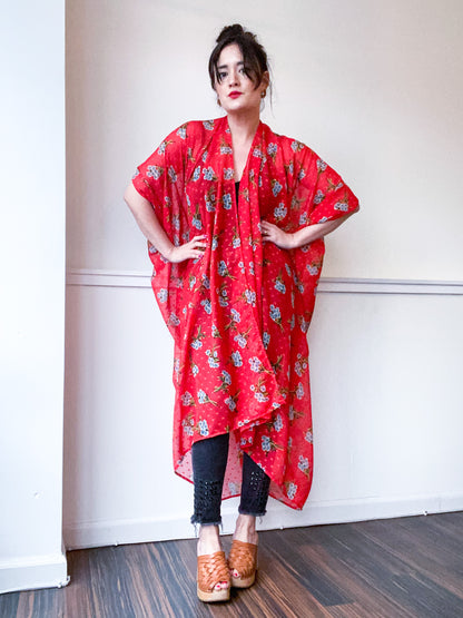 Print High Low Kimono Red Floral Chiffon
