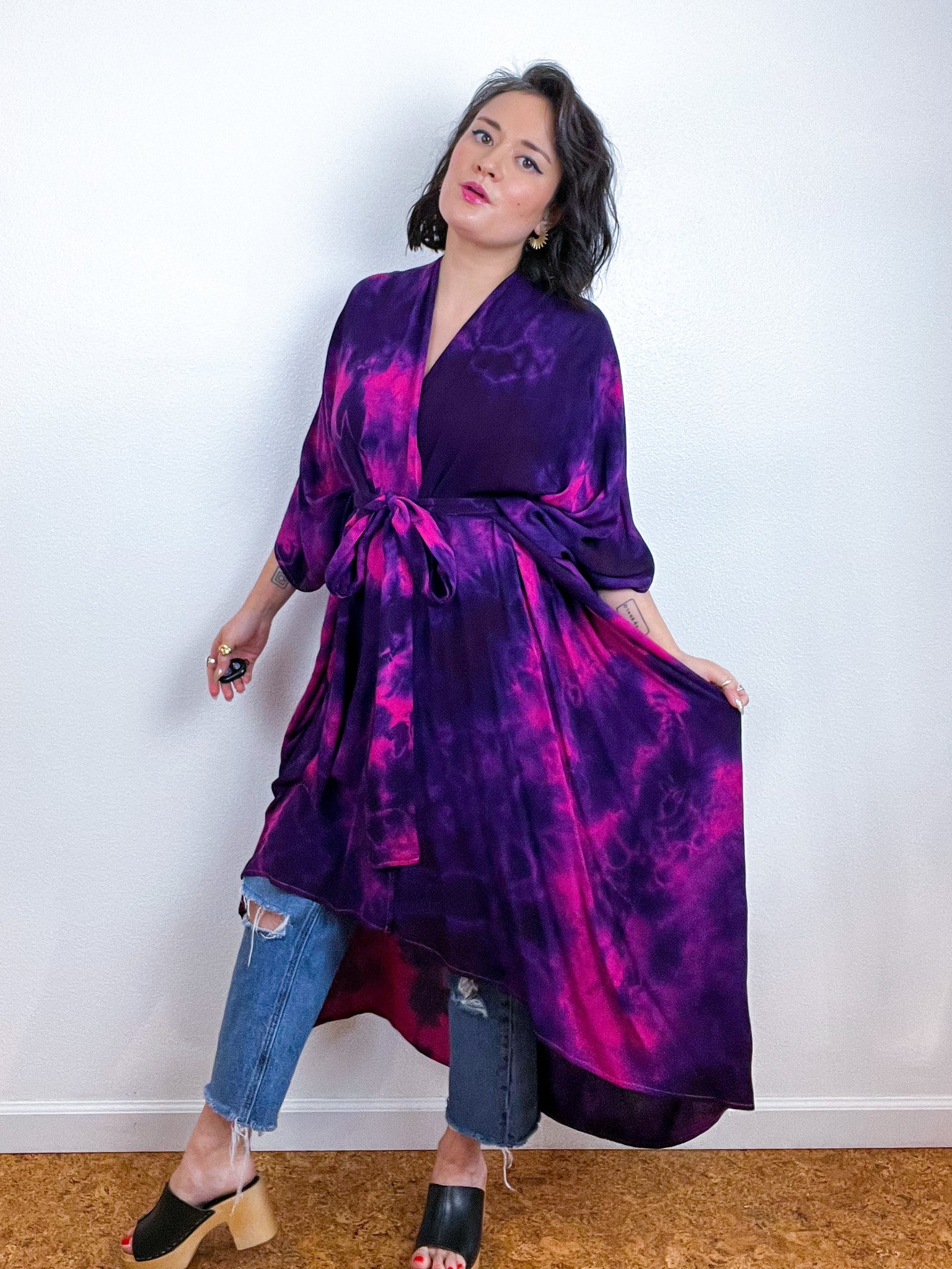 Hand-Dyed High Low Kimono Fuchsia Purple Tie