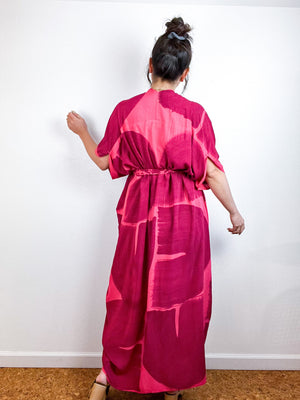 Hand-Dyed High Low Kimono Coral Maroon Brushstroke