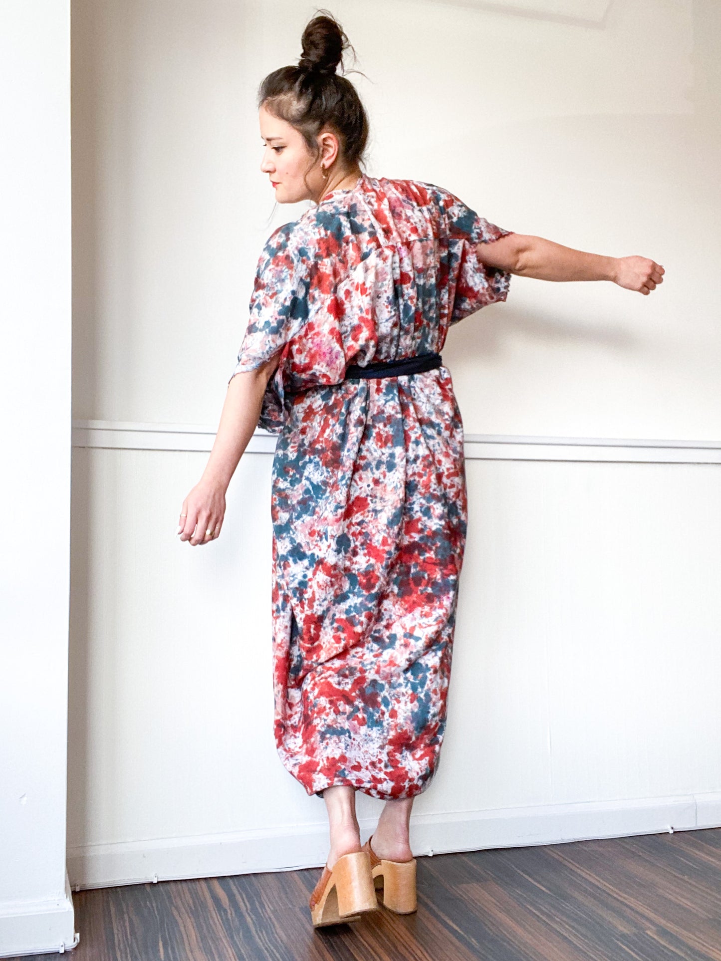 Hand-Dyed High Low Kimono Speckle Teal Terracotta Pink